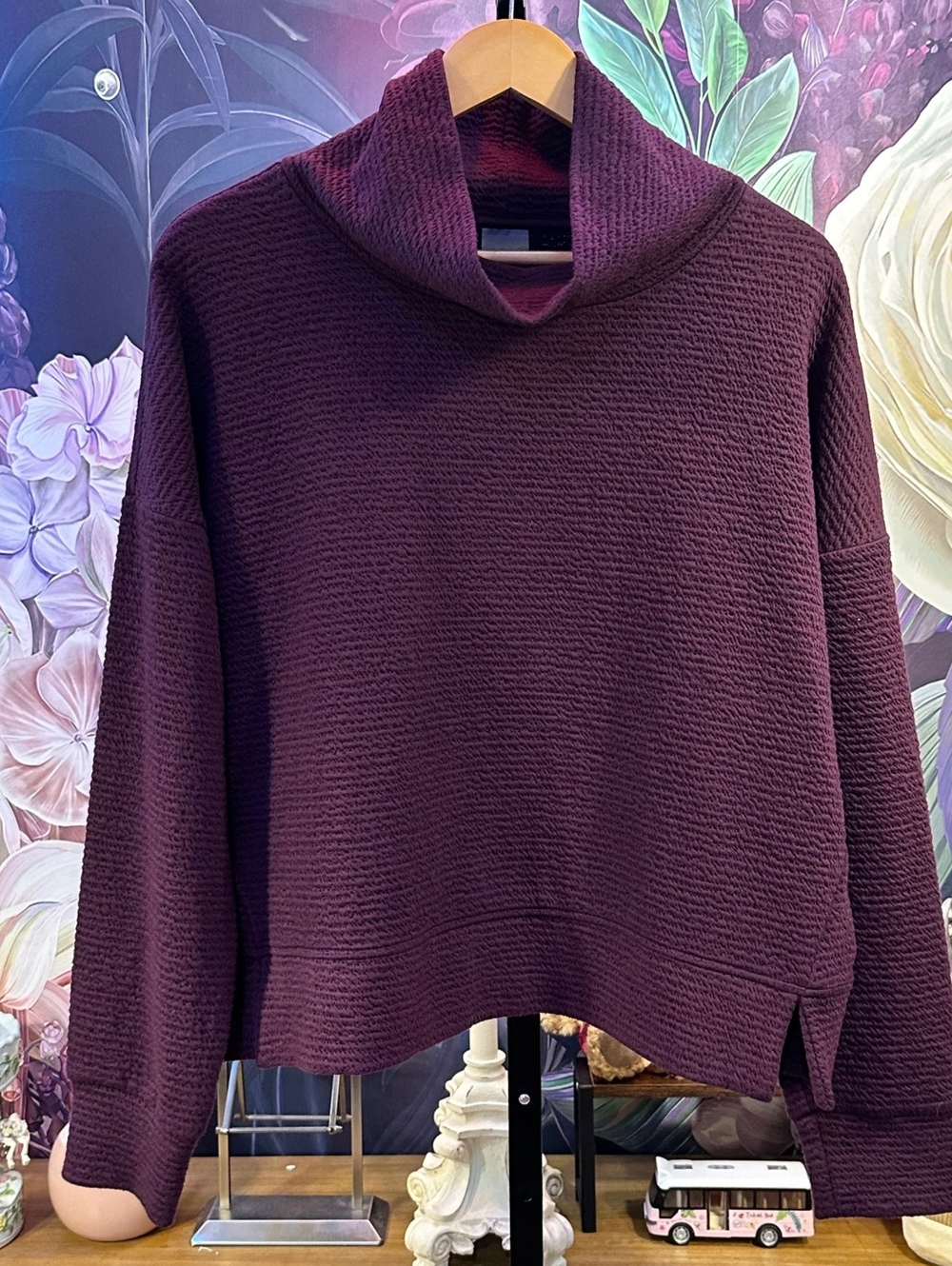 CALIA XXL Textured Waffle Knit Cowl Neck Pullover Sweater Burgundy Athleisure